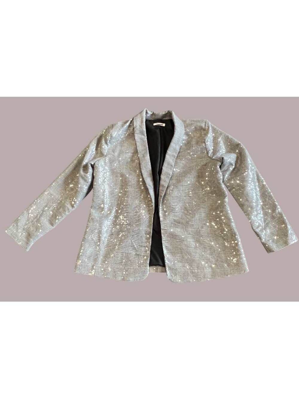 Sequin-Embellished Plaid Open-Front Blazer Black & Silver Womens Size M